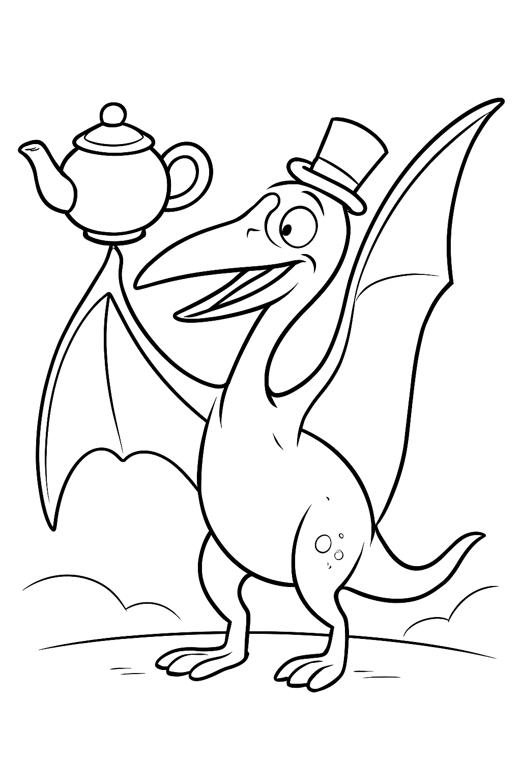 A cute pterodactyl wearing a top hat for this fun pterodactyl coloring page