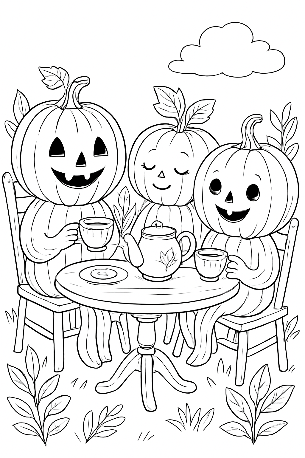 A group of happy pumpkins having a tea party in a garden on this pumpkin tea party coloring page.