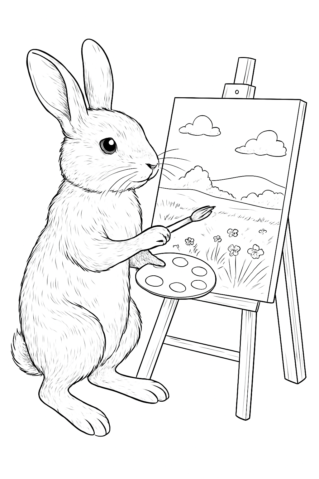 A realistic rabbit painting on an easel in a forest in this detailed rabbit artist coloring page.
