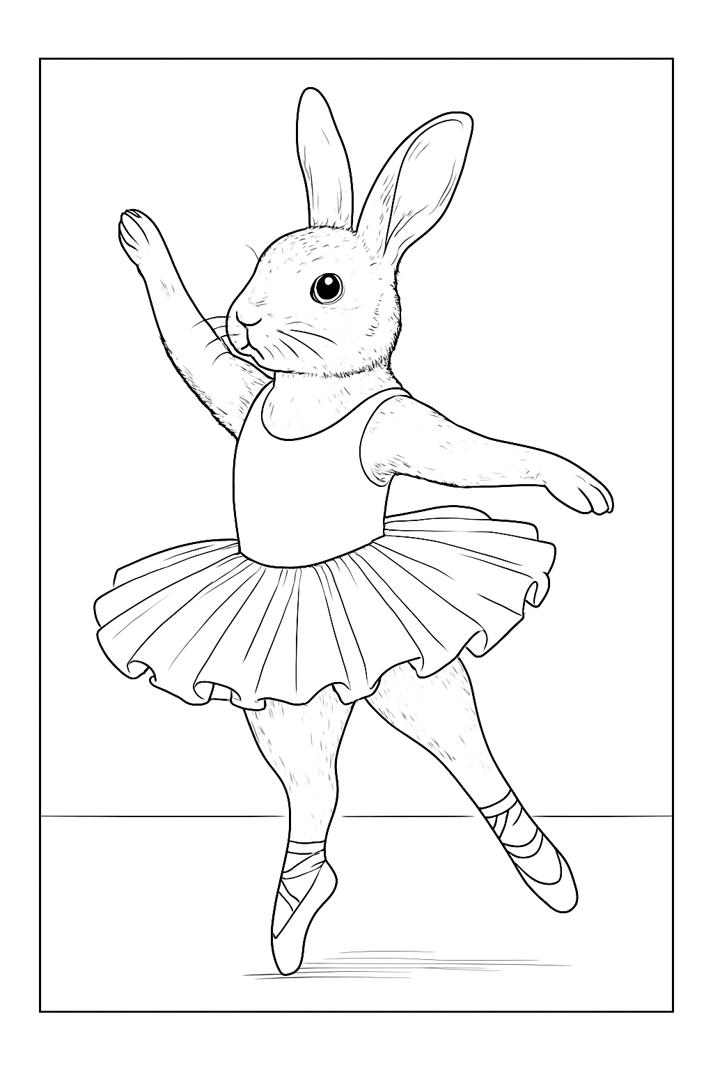 A realistic rabbit ballet dancer wearing a tutu on a simple background coloring page.
