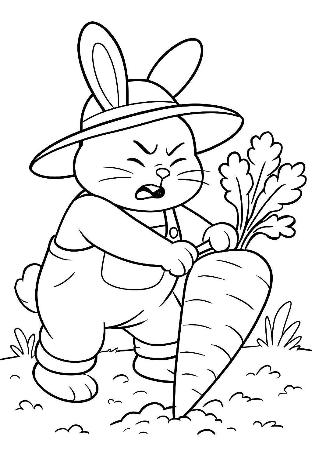 A cute rabbit gardener pulling a giant carrot in this printable rabbit gardener coloring page.
