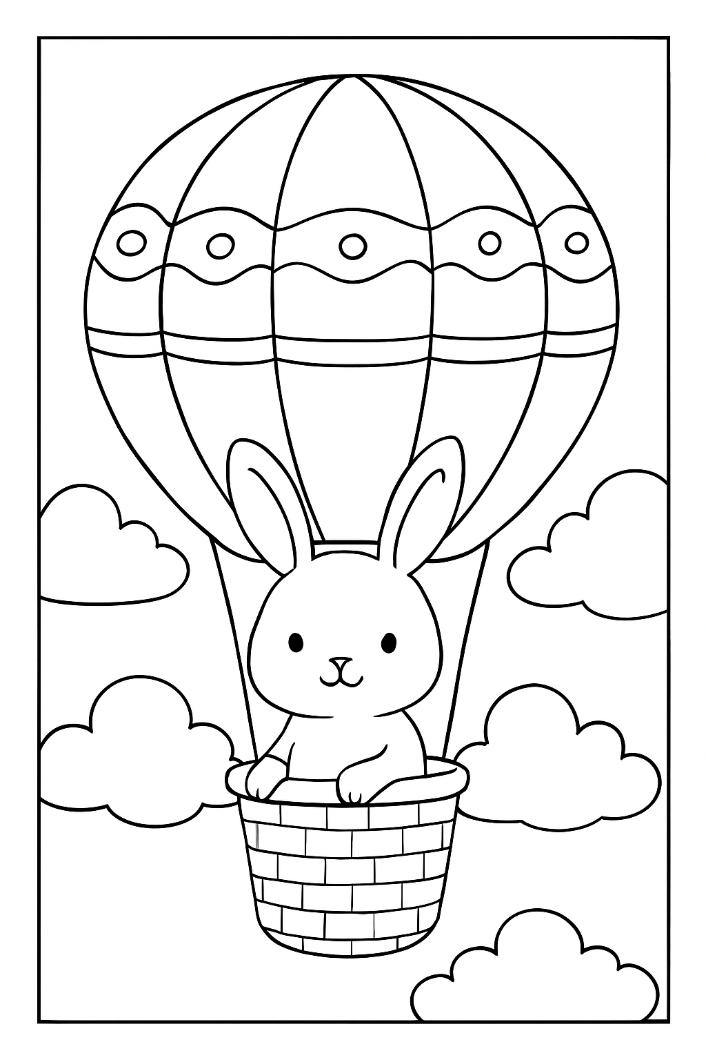 A happy rabbit in a patterned hot air balloon on a simple sky background in this printable rabbit hot air balloon coloring page.