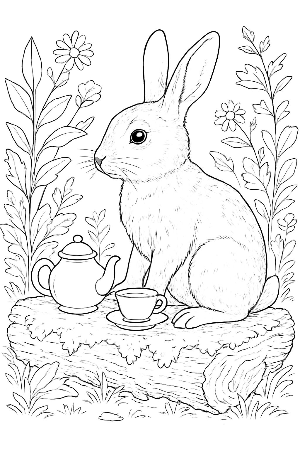 A realistic rabbit sitting at a garden table with a tea set on a rabbit tea party coloring page.