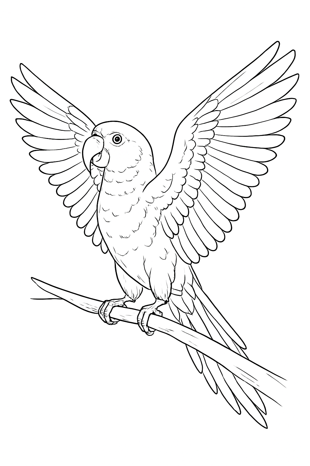 A detailed rainbow bird coloring page featuring a perched parrot with wide wings on a floral branch.