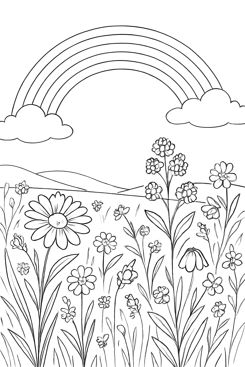 A detailed rainbow meadow coloring page featuring wildflowers and a soft sky.