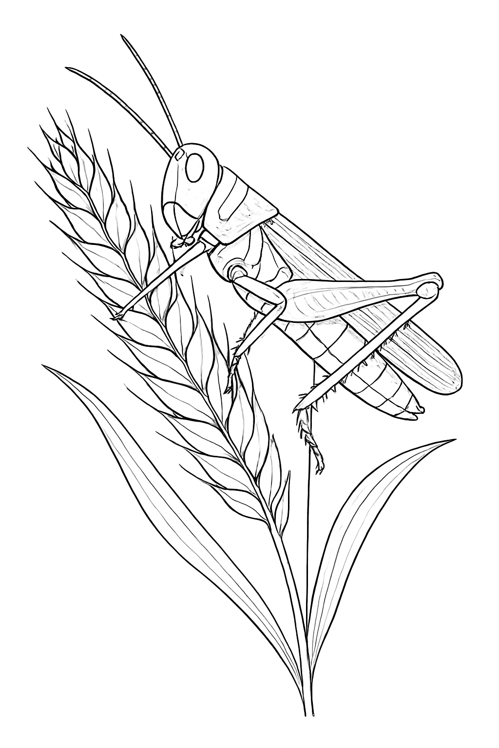 A realistic grasshopper coloring page featuring an insect resting on a textured blade of wheat.