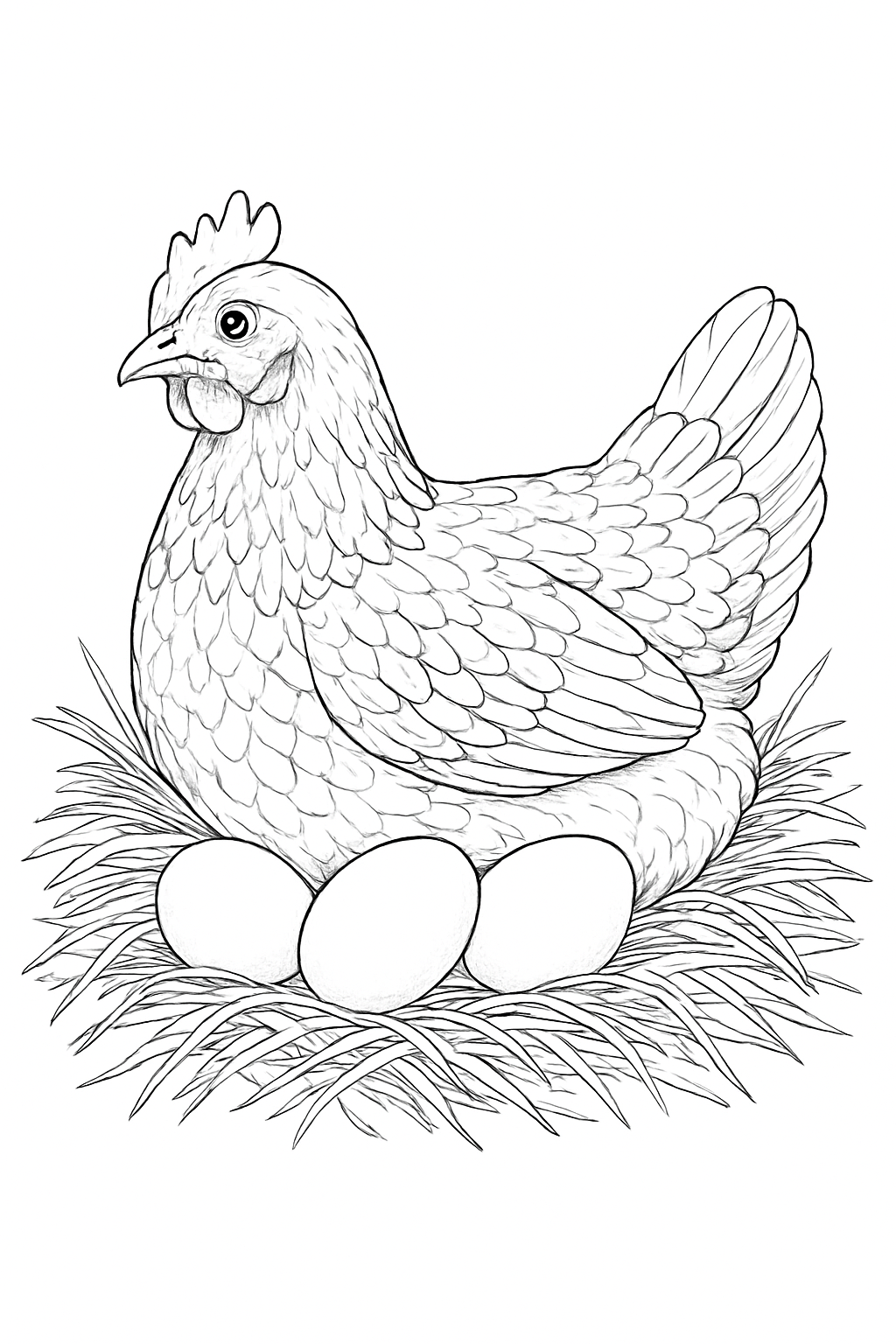 Detailed hen sitting on eggs coloring page with realistic feathers and straw nest textures.