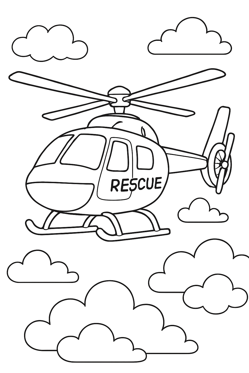 A bold and simple rescue helicopter coloring page flying above fluffy clouds.