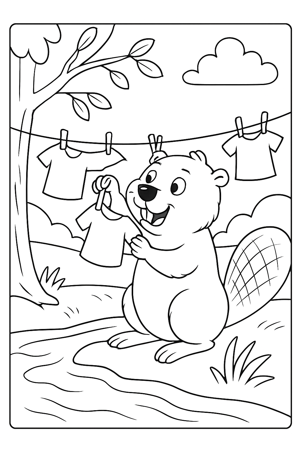 A funny beaver hanging clothes by a stream in this beaver river laundry coloring page.