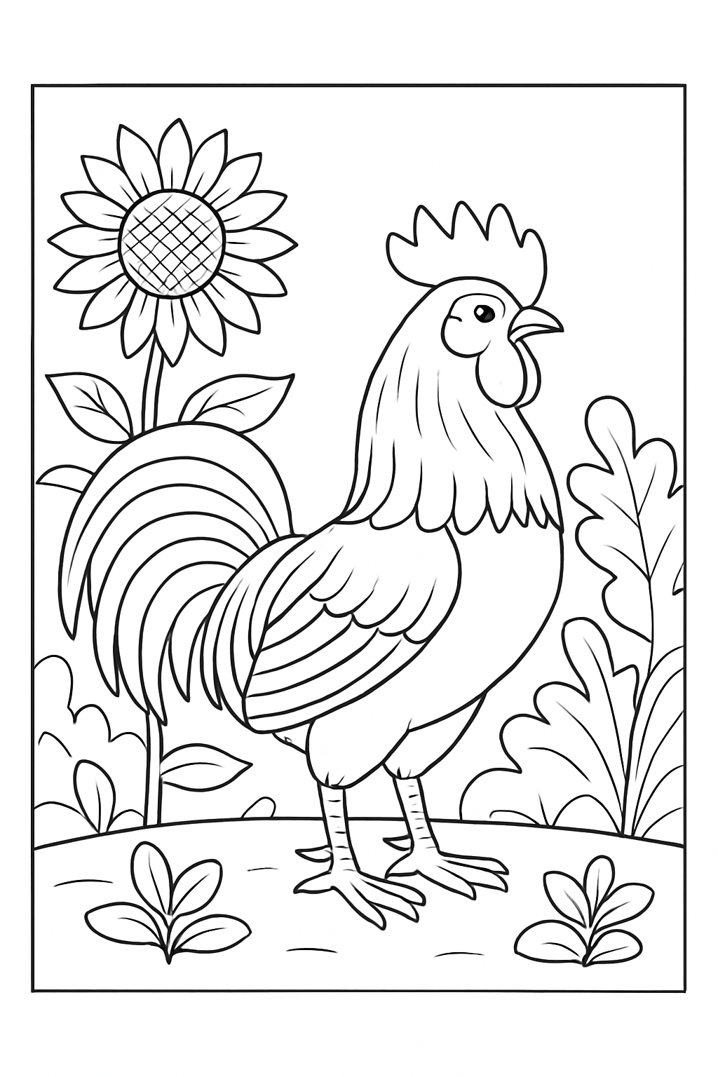 A friendly rooster standing next to a giant sunflower in this beautiful rooster in garden coloring page.