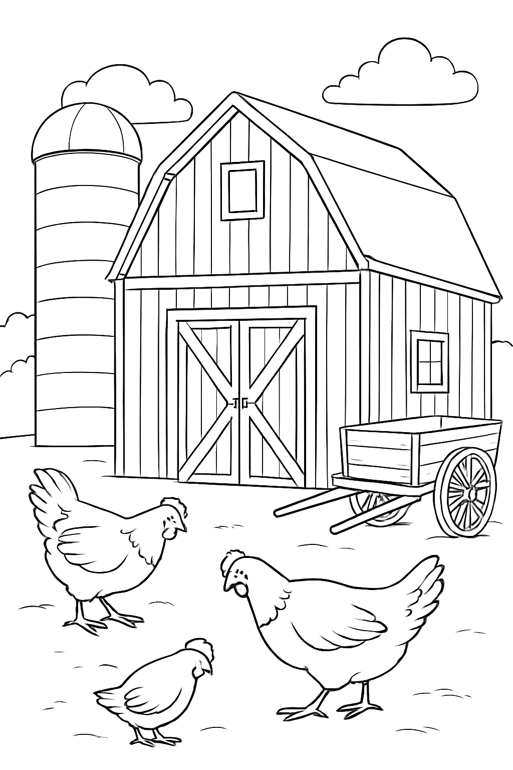 A detailed rustic barnyard scene coloring page featuring a barn, silo, and farm animals.