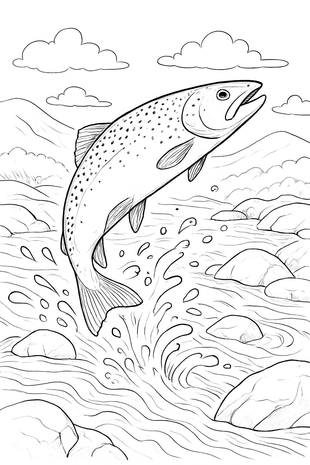 A realistic leaping salmon over a river in this detailed salmon river leap coloring page.