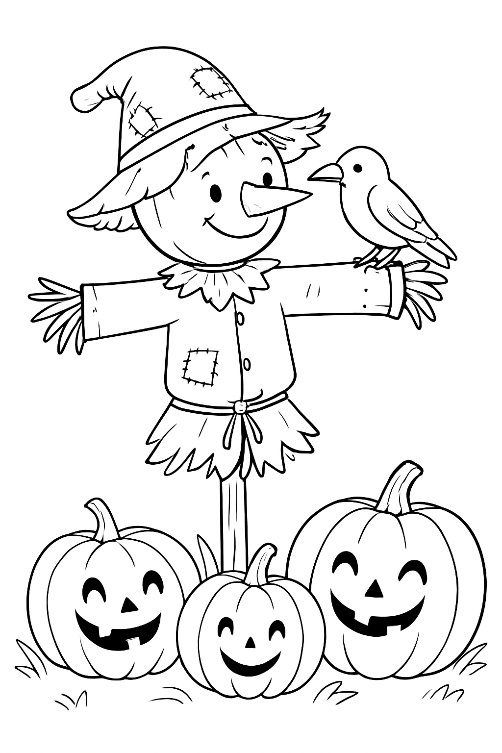 Whimsical scarecrow coloring page featuring a funny scarecrow with a bird on his nose.