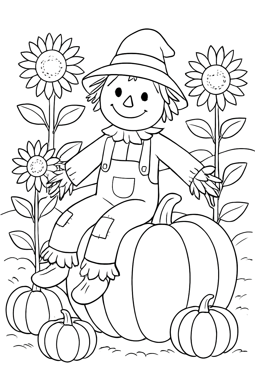 A cute scarecrow sitting on a large pumpkin in a garden on this scarecrow pumpkin patch coloring page.