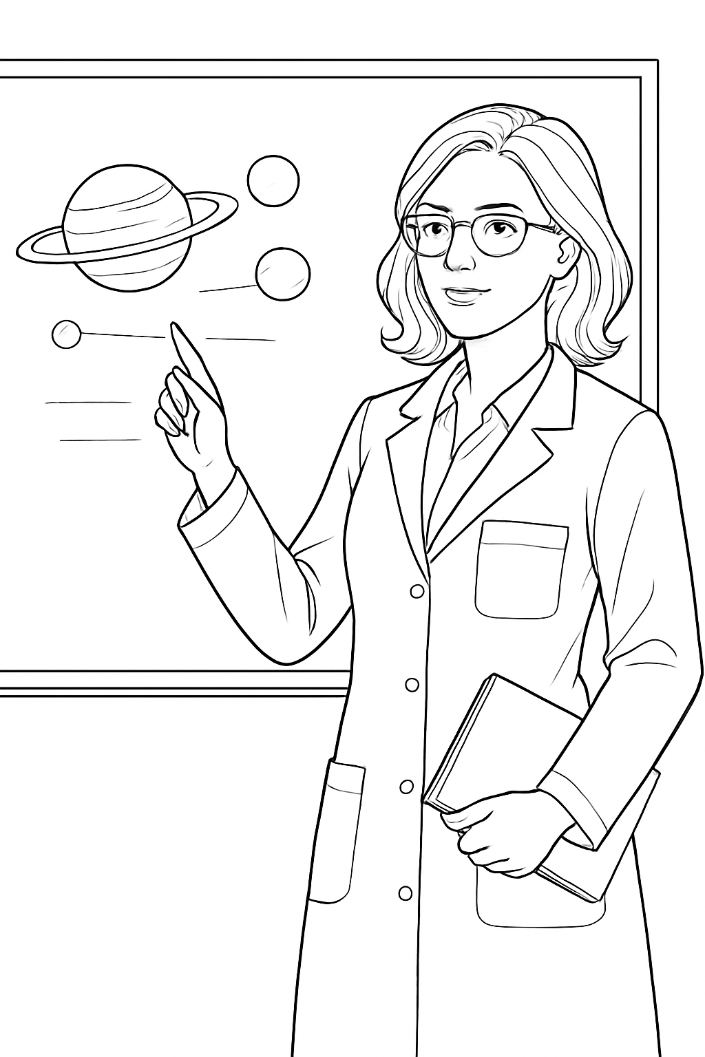 Detailed science teacher coloring page featuring a professor in a laboratory setting.
