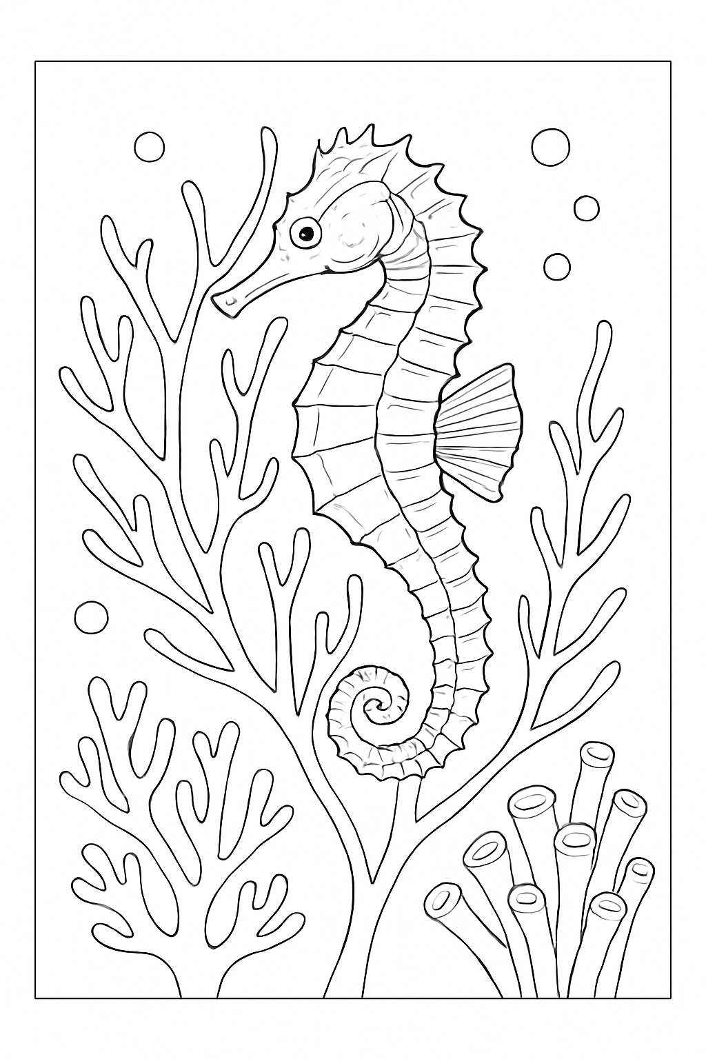 Detailed seahorse coloring page featuring a graceful creature resting among intricate coral reef patterns.