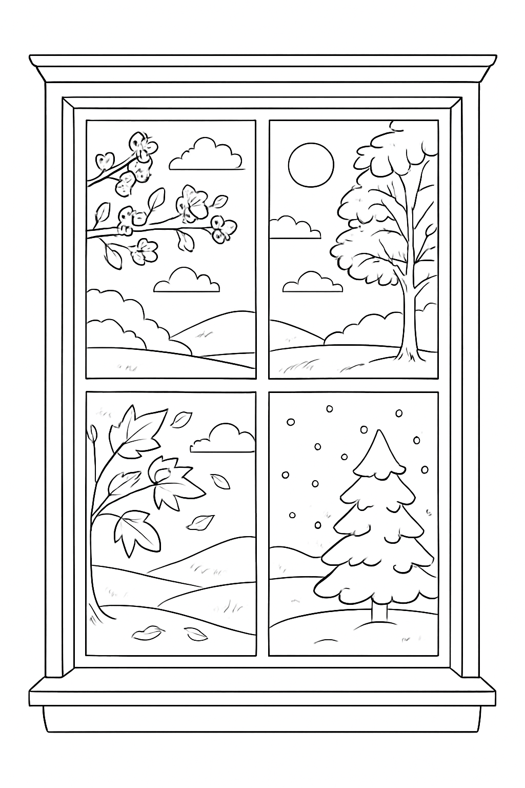 A decorative seasonal nature window coloring page featuring four landscape scenes.