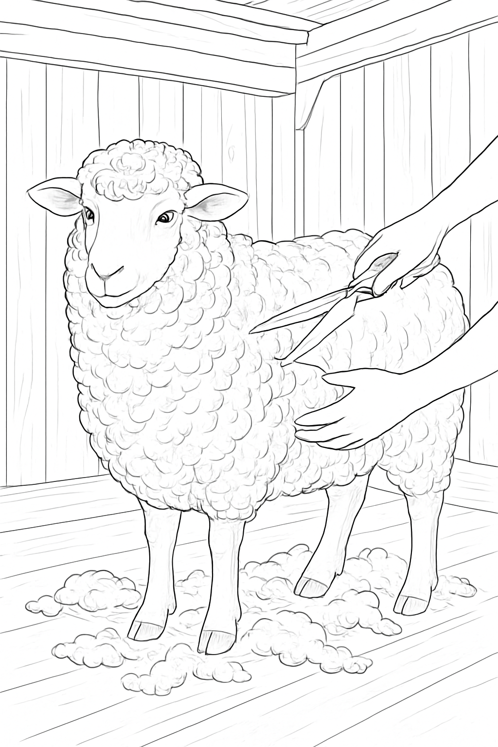 A realistic sheep shearing coloring page featuring a fluffy sheep inside a rustic barn setting.