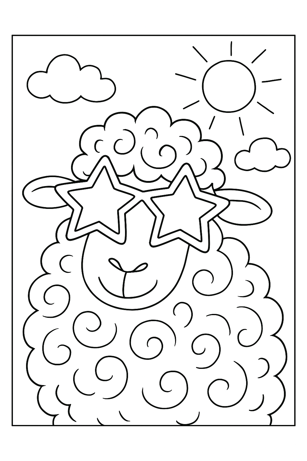 A happy sheep wearing star-shaped sunglasses in this funny sheep coloring page.