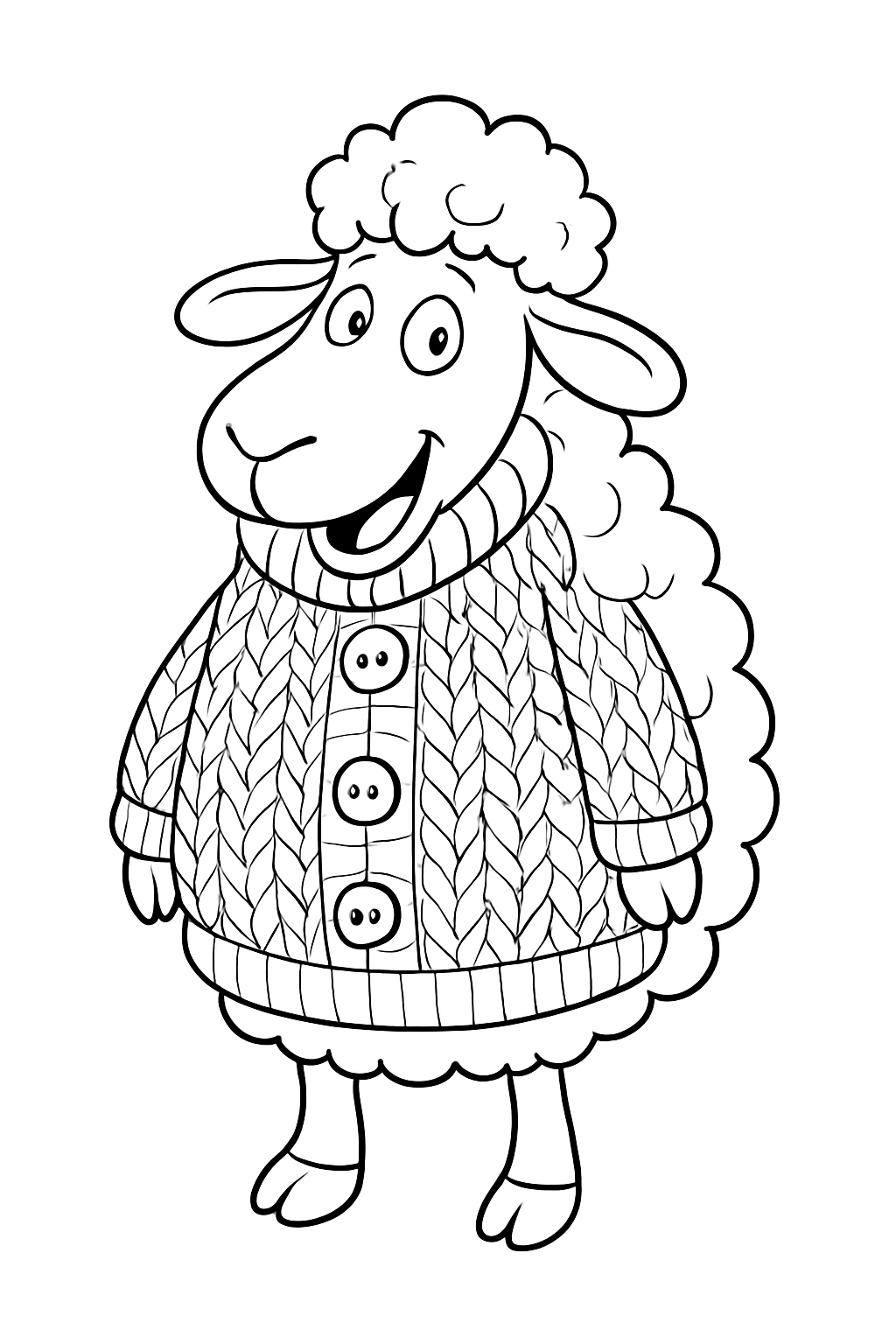A cute, smiling sheep wearing a knitted sweater on this fun sheep wearing sweater coloring page.