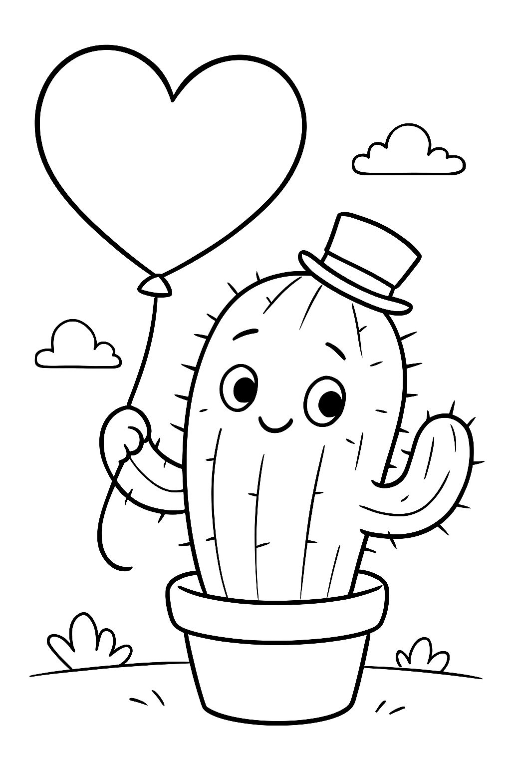 A shy cactus holding a heart balloon in this cute cactus valentine coloring page.
