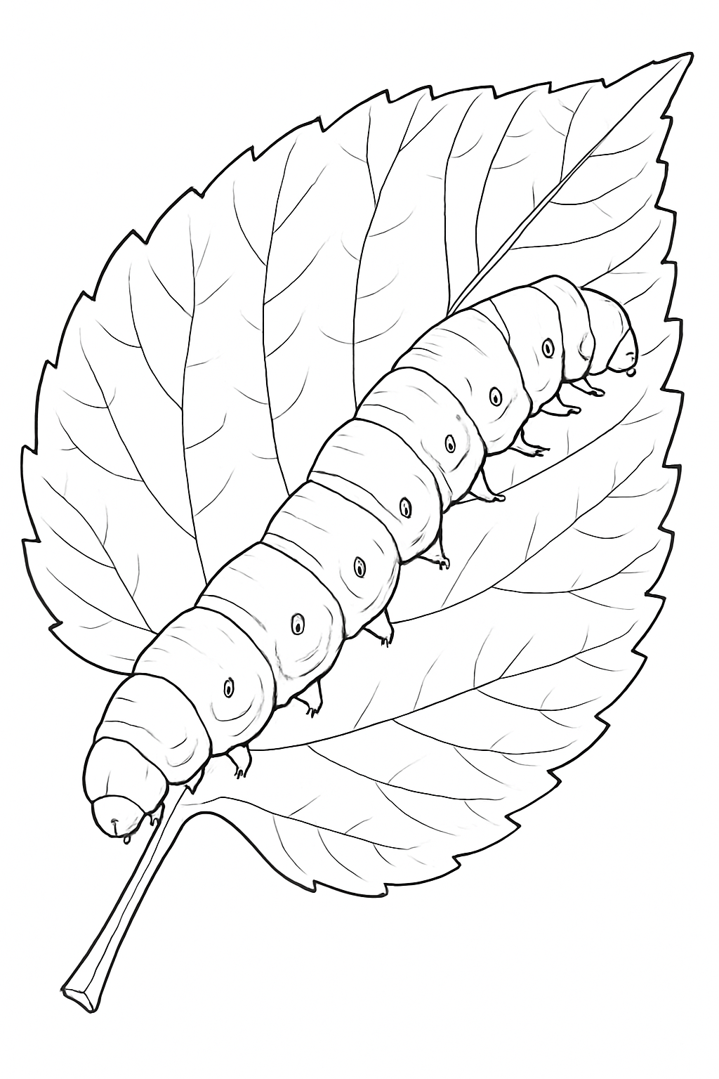 A detailed silkworm coloring page featuring a realistic caterpillar on a mulberry leaf.