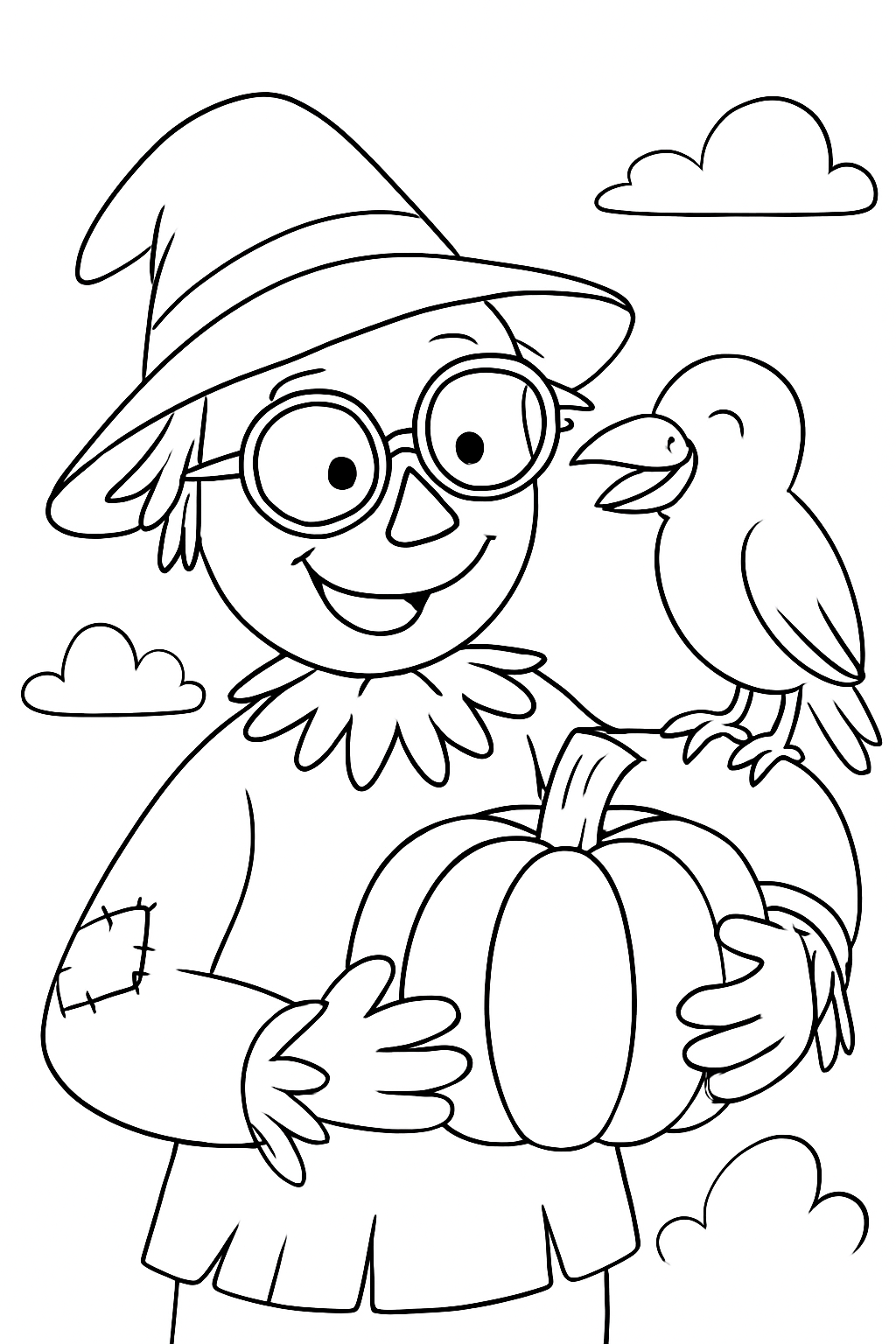 A happy scarecrow and a silly crow eating a pumpkin on this fun scarecrow and crow coloring page.
