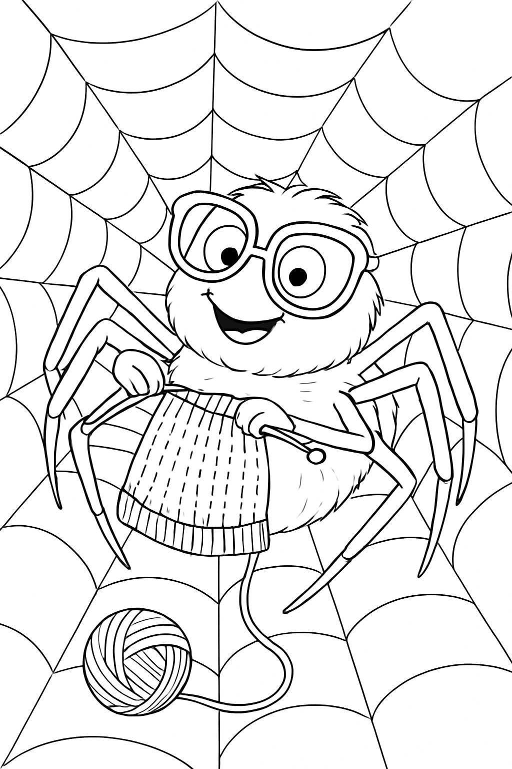A whimsical spider web coloring page featuring a funny spider wearing glasses and knitting a sweater.