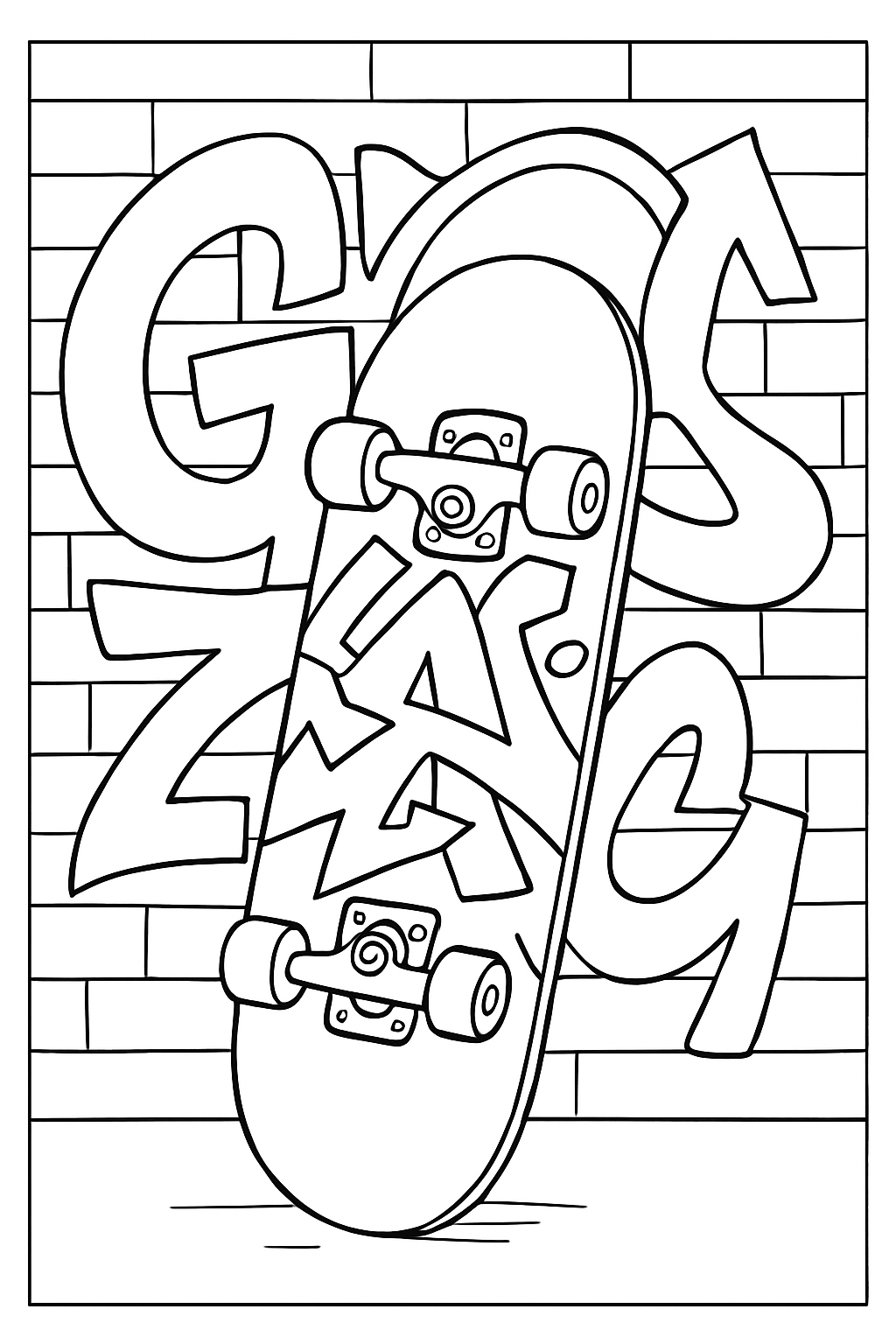 A detailed skateboard graffiti art coloring page featuring bold lines and creative patterns.