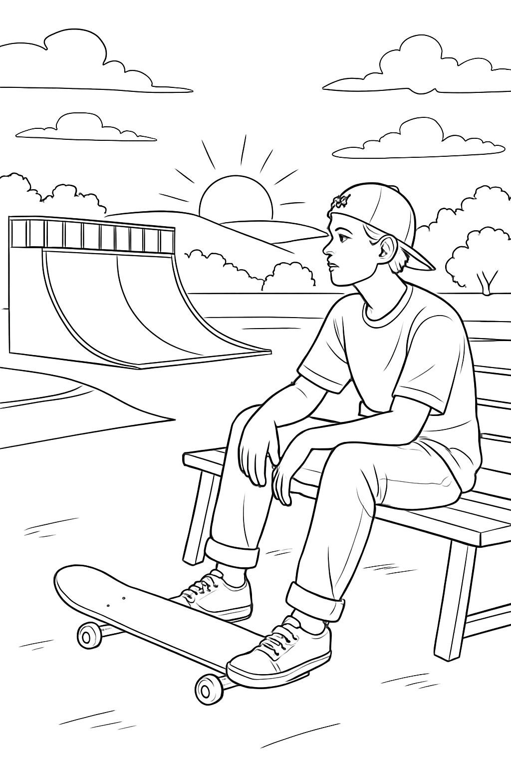 A detailed skateboard park coloring page featuring a skater sitting by a ramp at sunset.