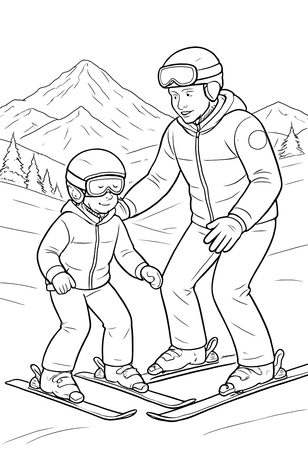 A friendly ski instructor teaching a child on a snowy slope in this detailed ski instructor coloring page.