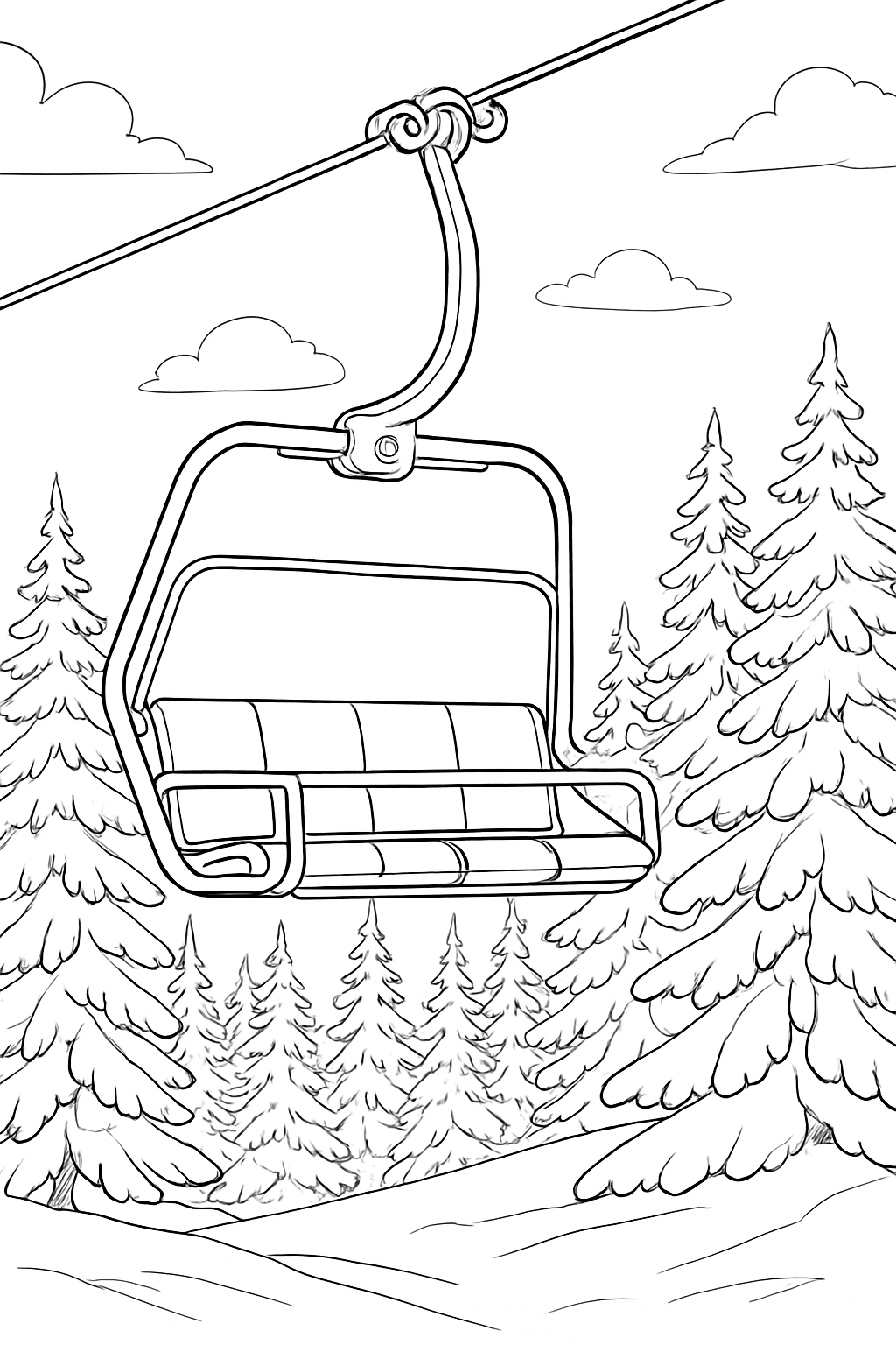 A detailed ski lift coloring page featuring a chair suspended over a pine forest.