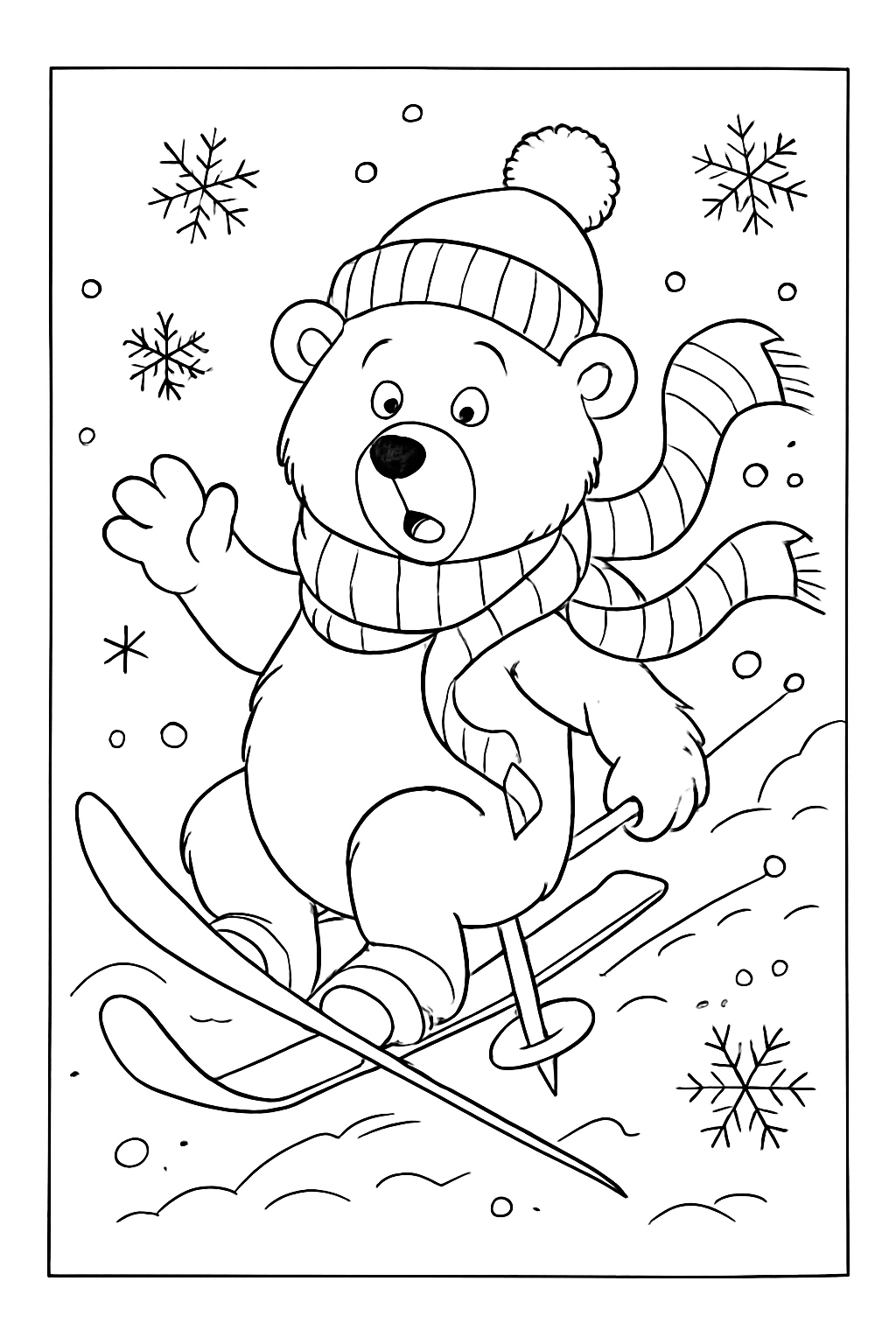 A happy bear learning to ski with giant skis in this detailed skiing bear coloring page.