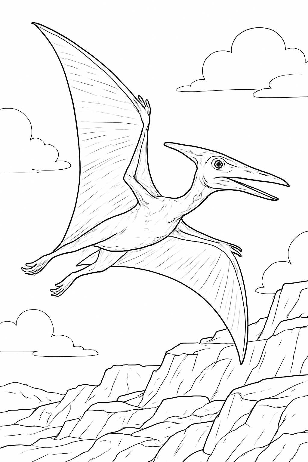 Detailed pterodactyl coloring page featuring a flying prehistoric reptile over rocky cliffs.