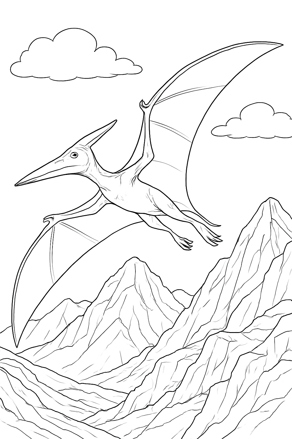 A detailed and realistic pterodactyl coloring page featuring a flying reptile over mountain peaks.