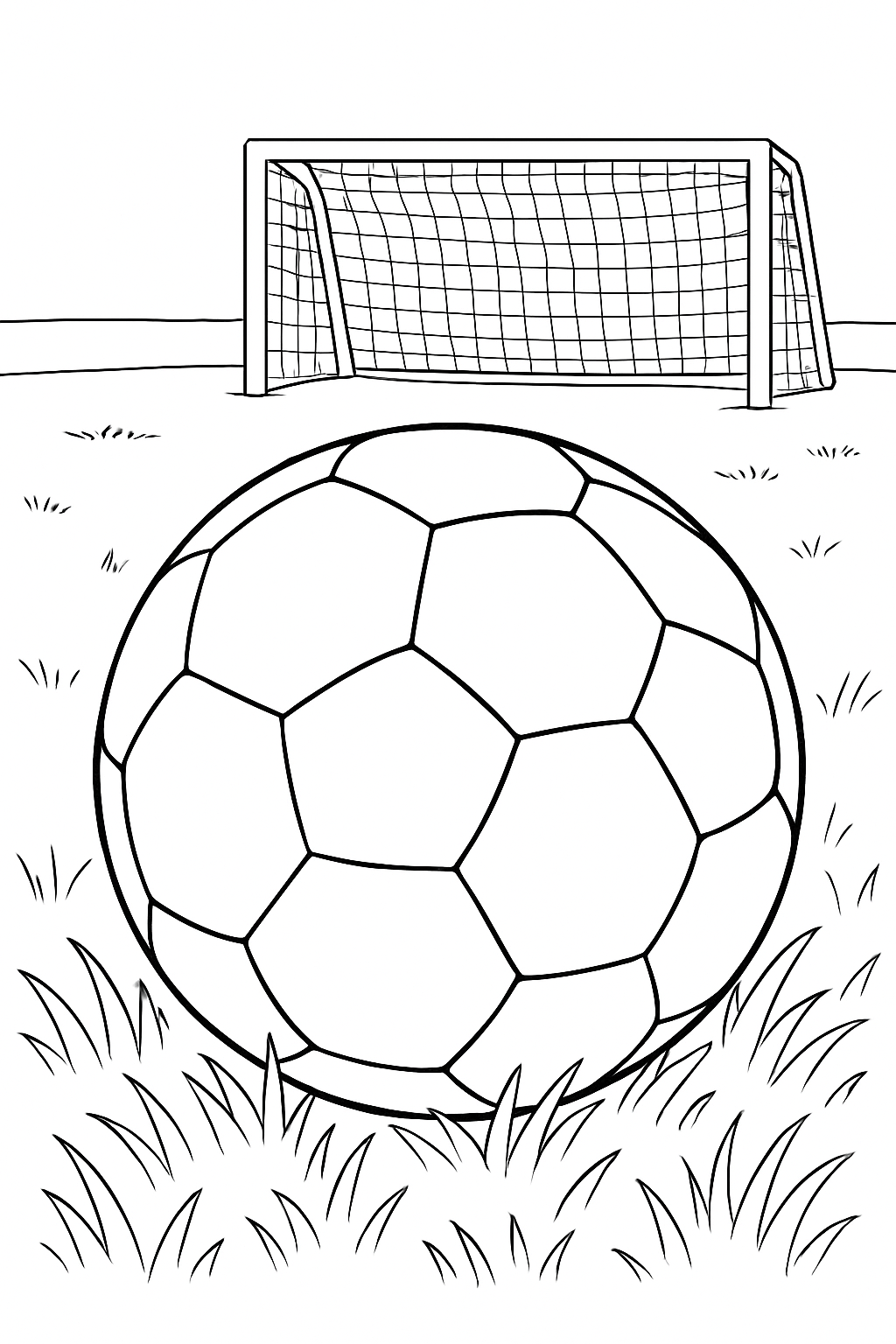 A detailed soccer field coloring page featuring a ball on grass and a goal net.