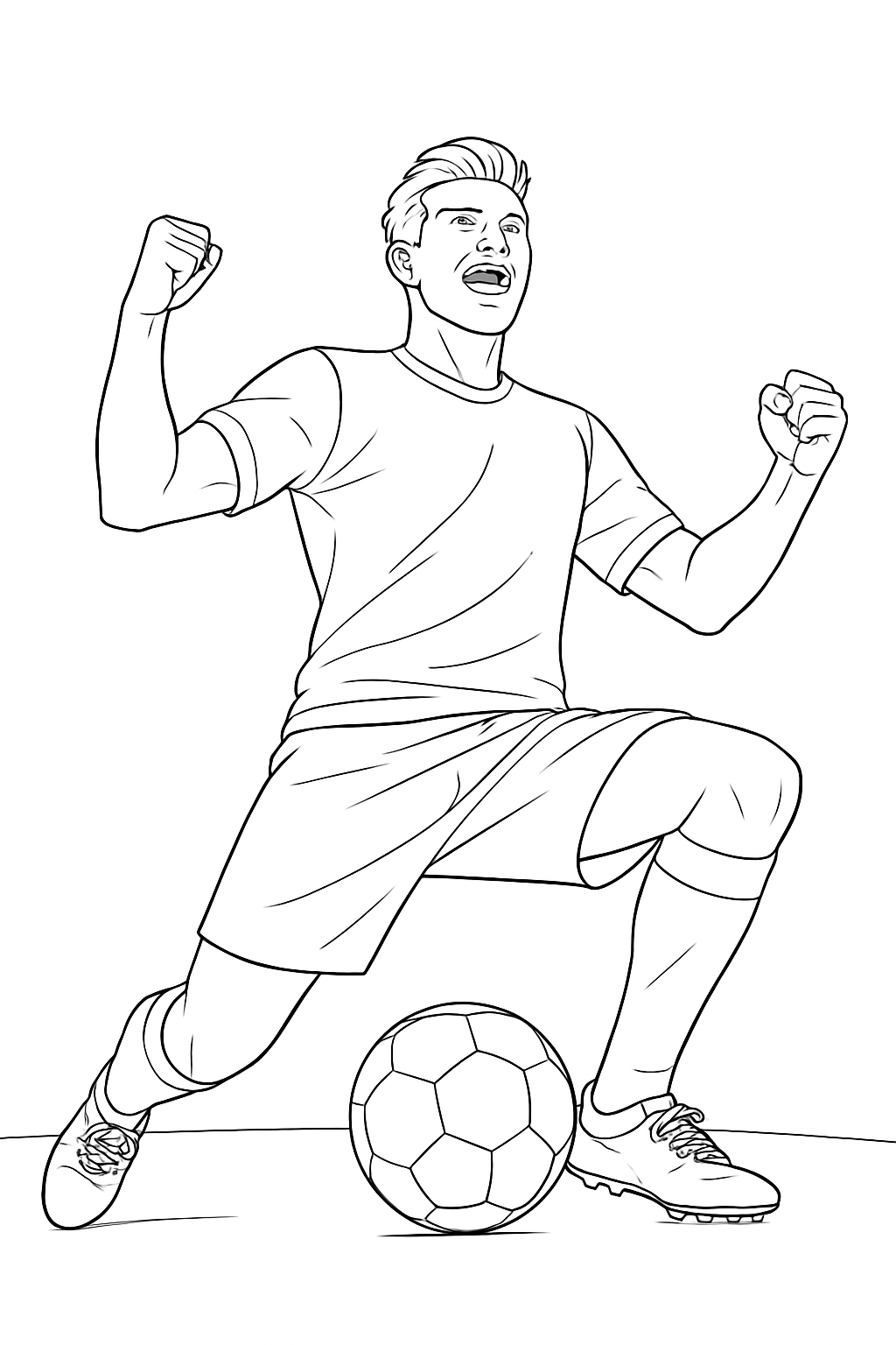 A professional soccer player celebrating a goal in this detailed soccer player coloring page.