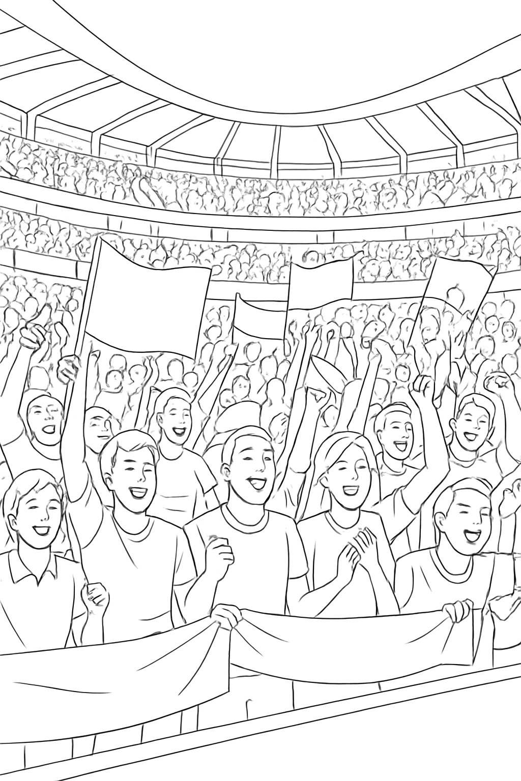 A detailed soccer stadium fans coloring page showing cheering crowds with banners and flags.