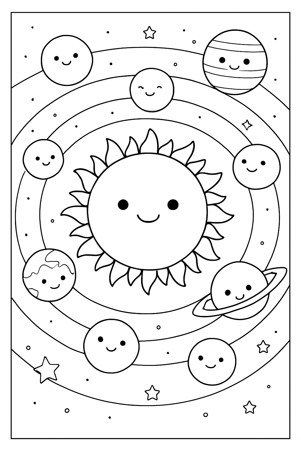 A detailed solar system coloring page featuring planets and stars for kids.
