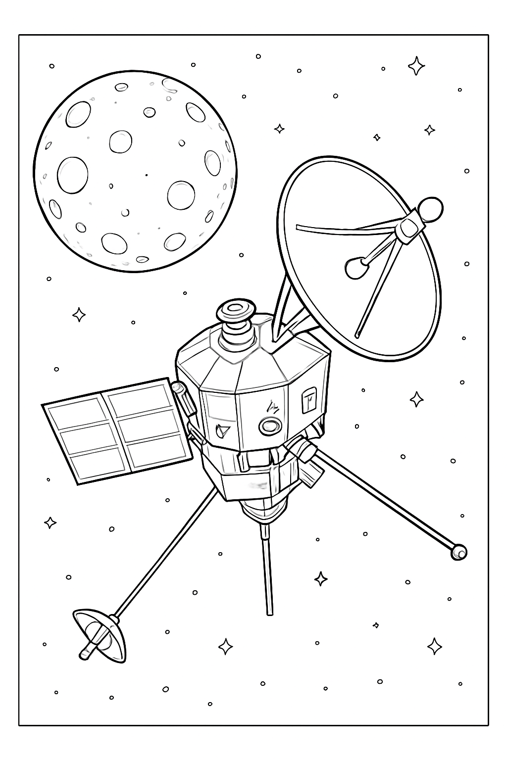 Detailed space probe coloring page showing a scientific satellite in deep space.