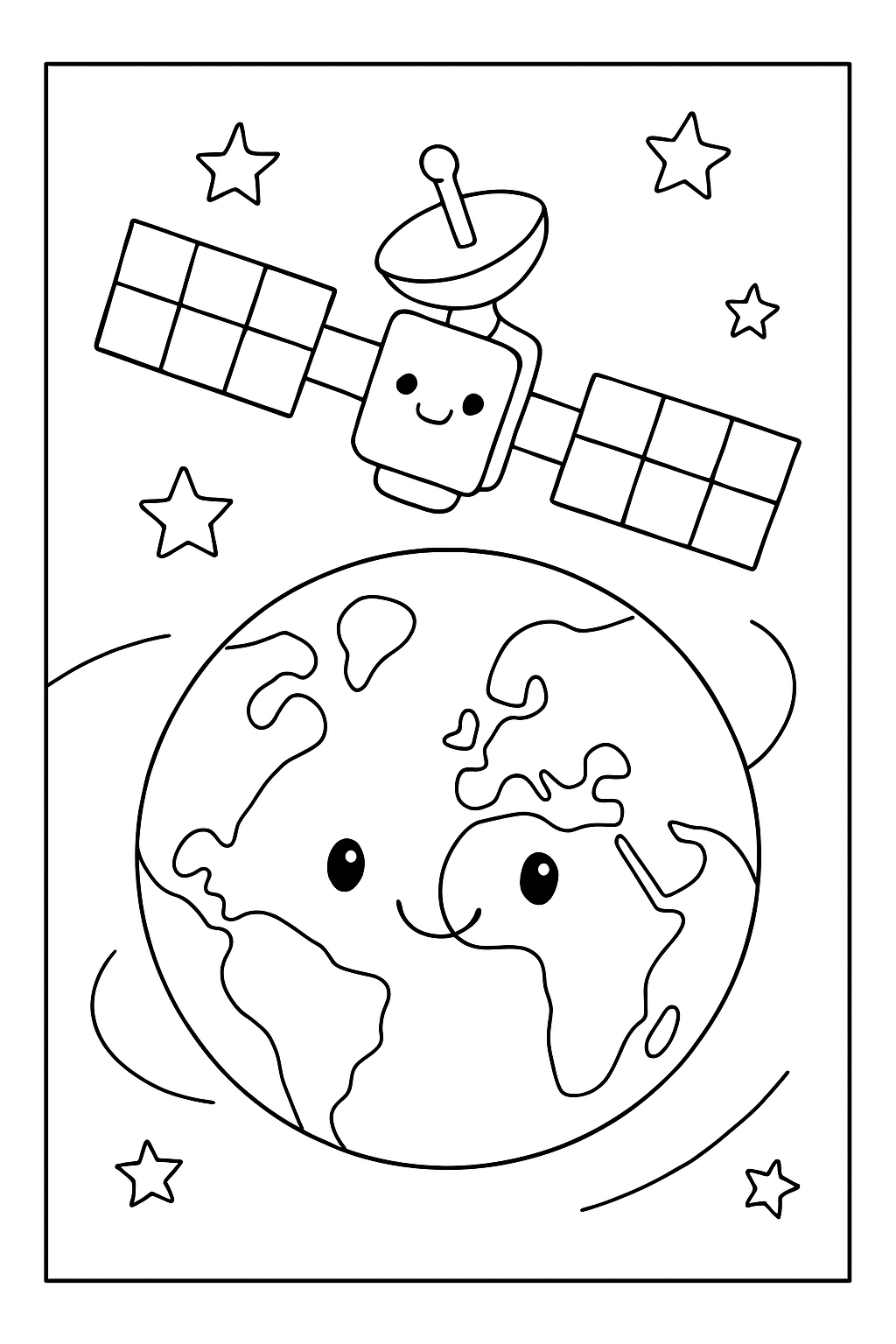 A cute satellite orbiting earth coloring page with thick, easy-to-color outlines for children and adults.
