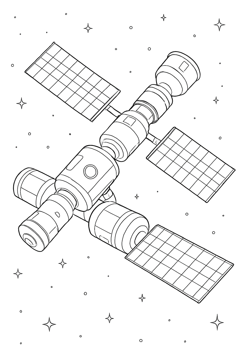 Intricate black and white modular space station coloring page with solar panels.