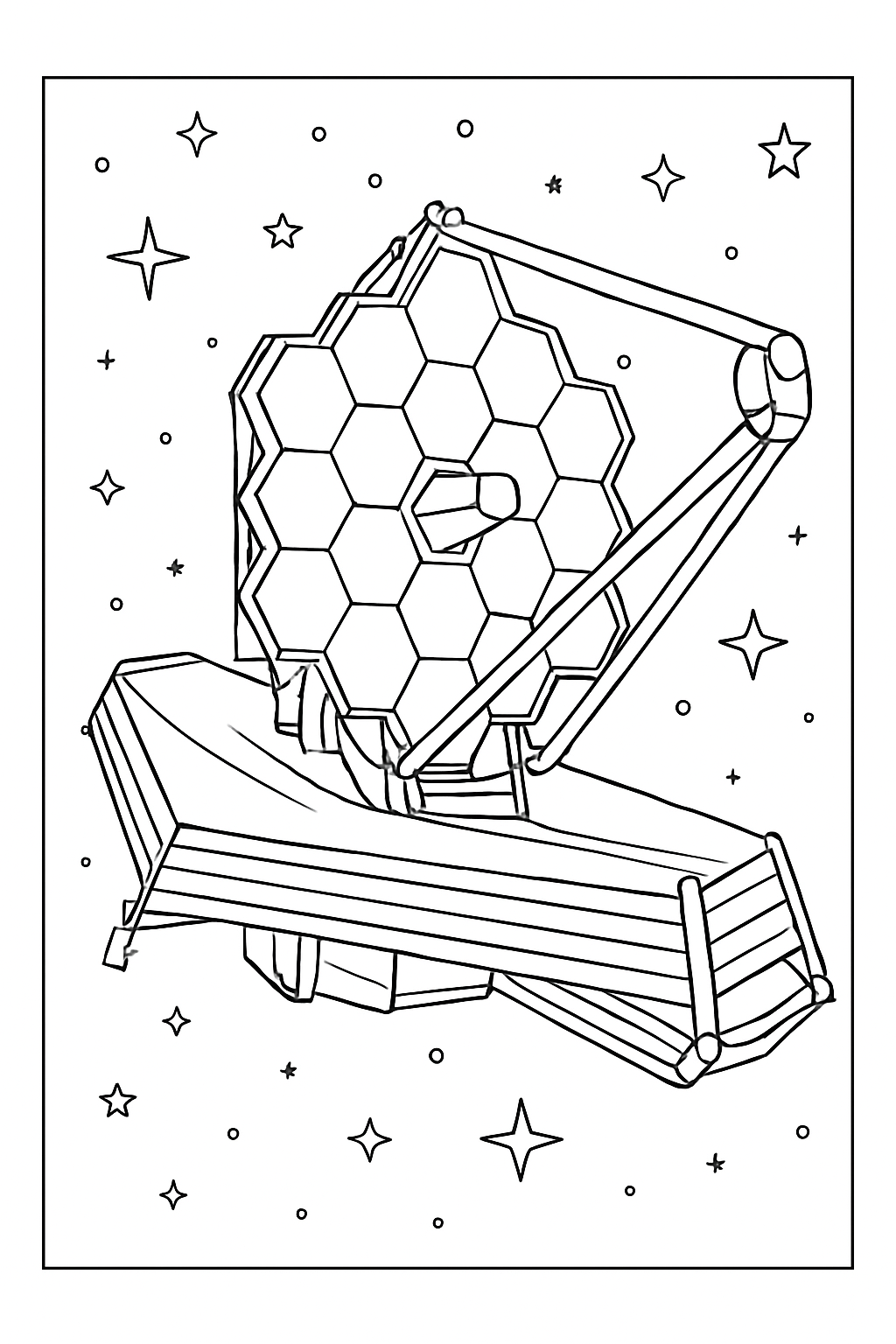 Detailed space telescope coloring page with golden mirrors and stars in deep space.