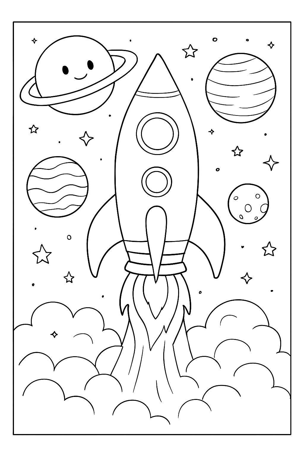 A detailed space travel rocket coloring page featuring planets and stars for creative coloring.