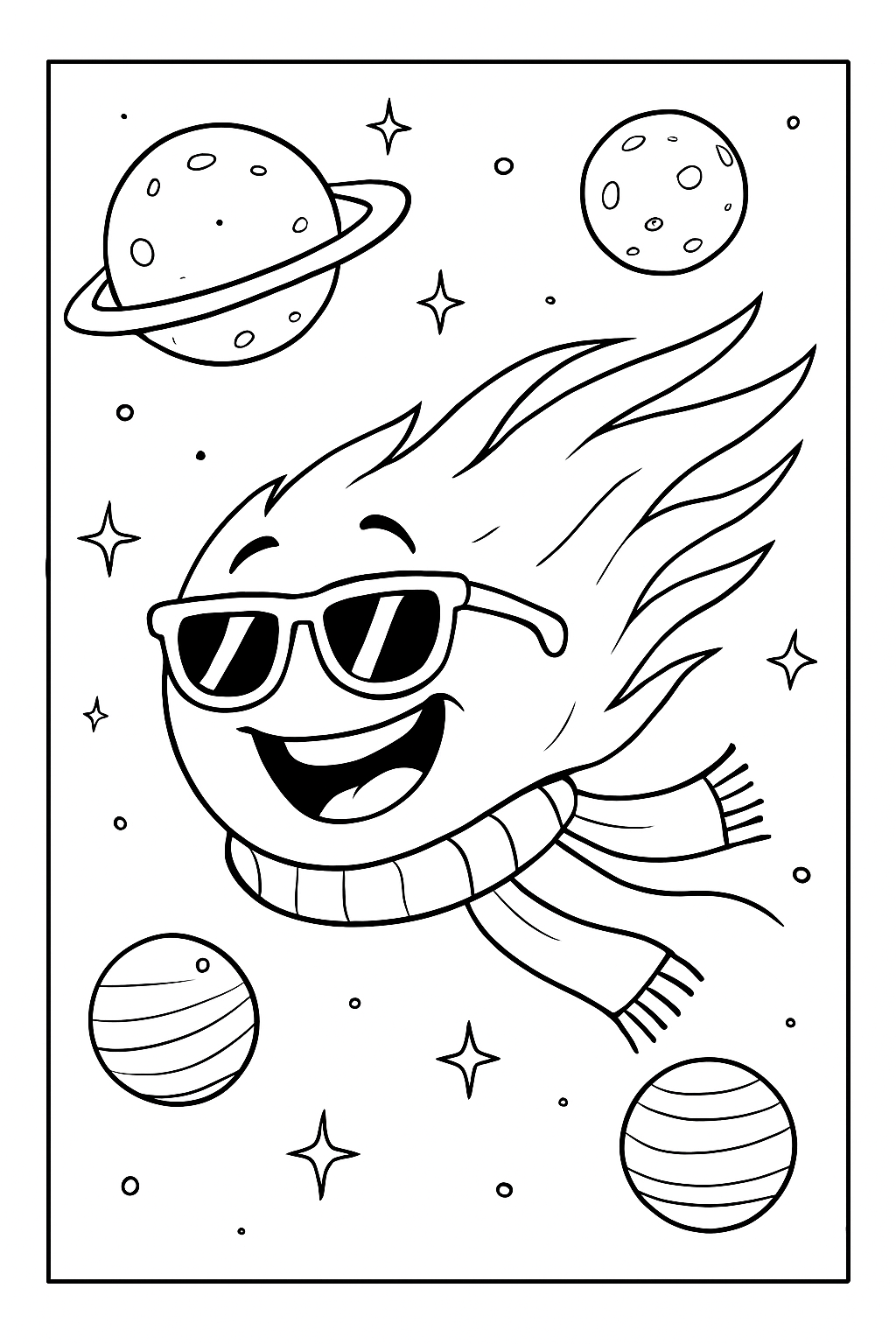 A cartoonish happy traveling comet coloring page with sunglasses and a scarf flying through space.