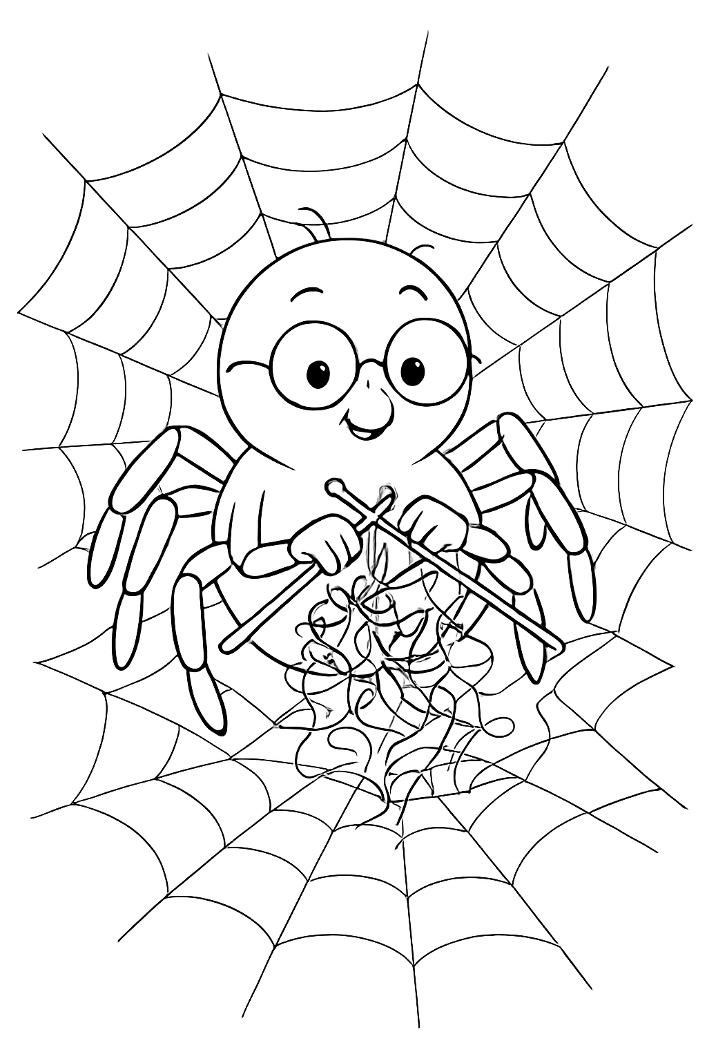 A cute spider knitting a web on this fun spider knitting web coloring page.