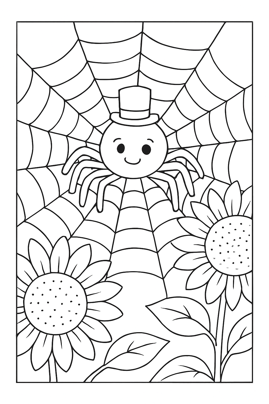 A friendly spider in a top hat on a sunflower spider web coloring page with bold, clean lines.