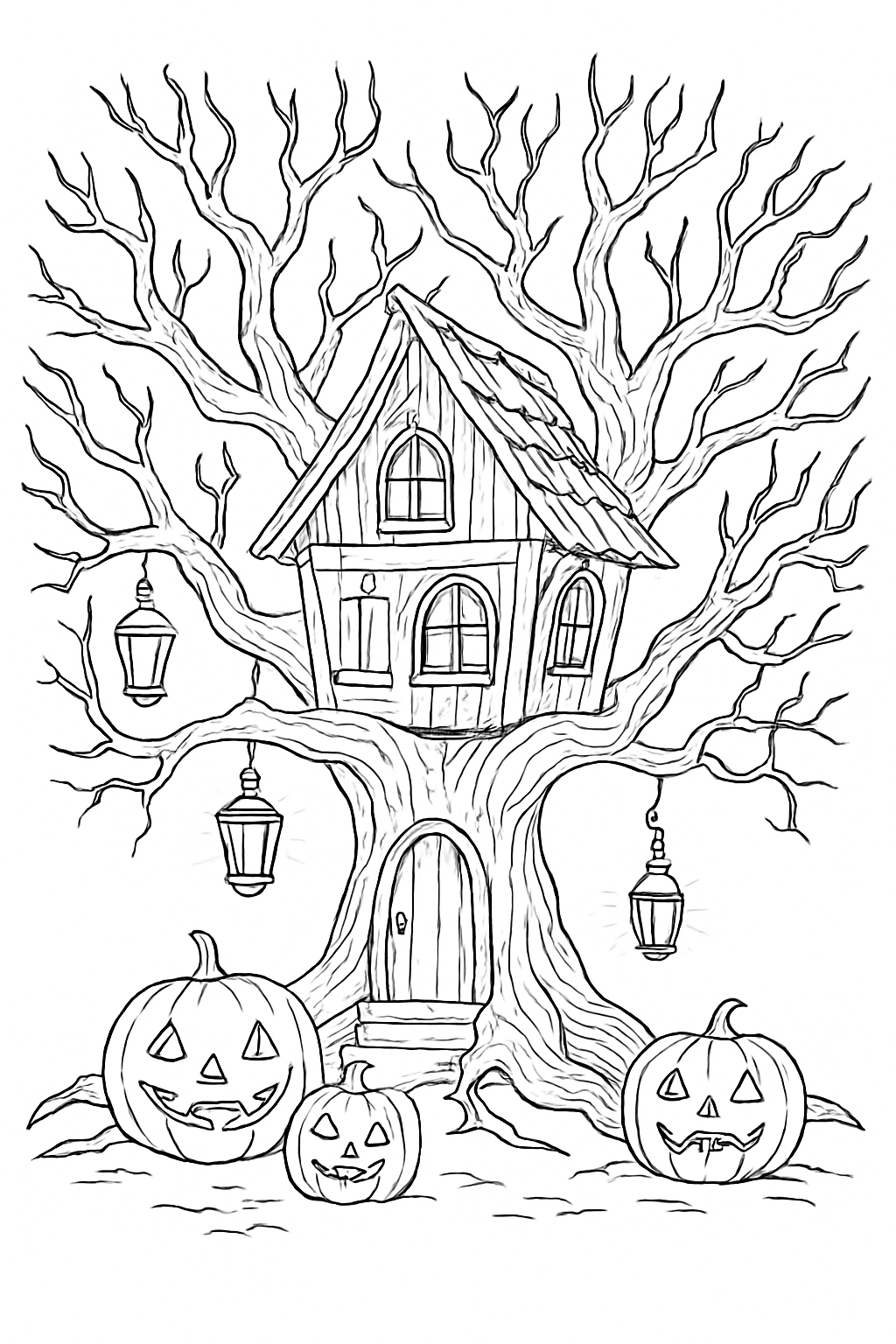 A detailed haunted treehouse coloring page featuring twisted branches and glowing lanterns in a dark forest.