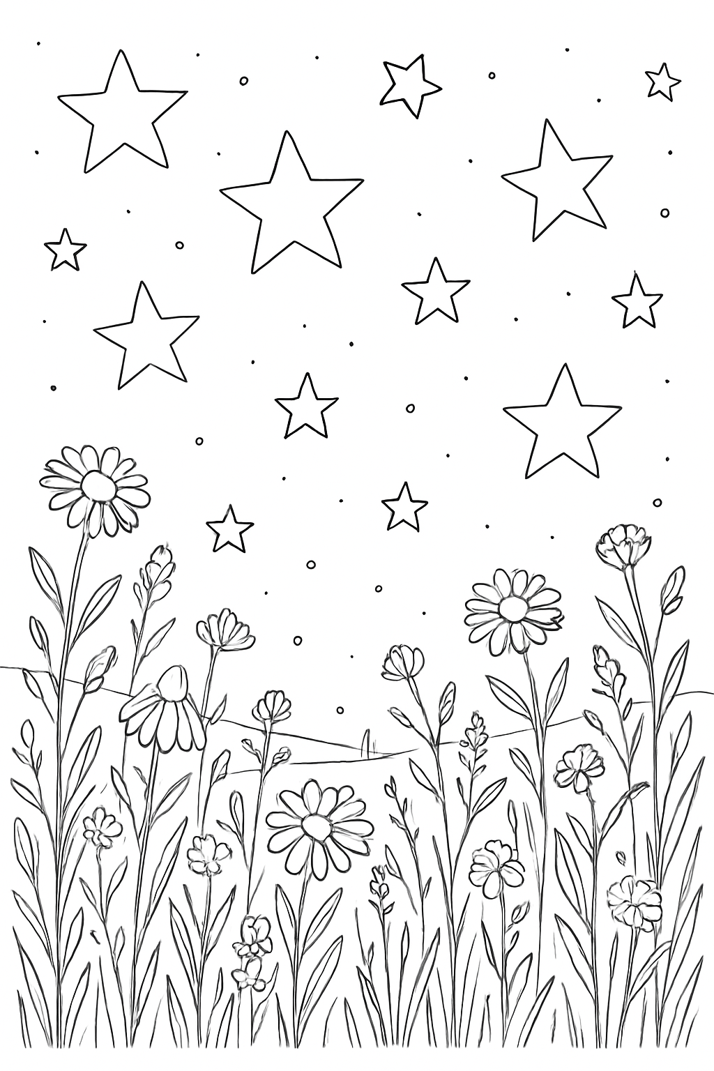 A peaceful meadow scene featuring flowers and large stylized stars in this starry meadow coloring page.