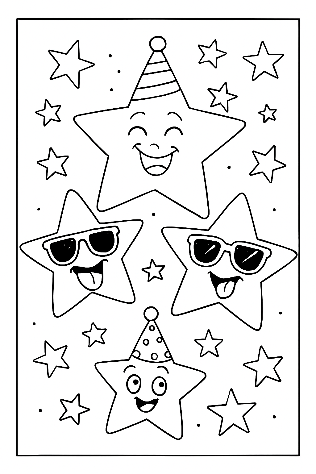 Whimsical stars wearing party hats and sunglasses on this stars coloring page.